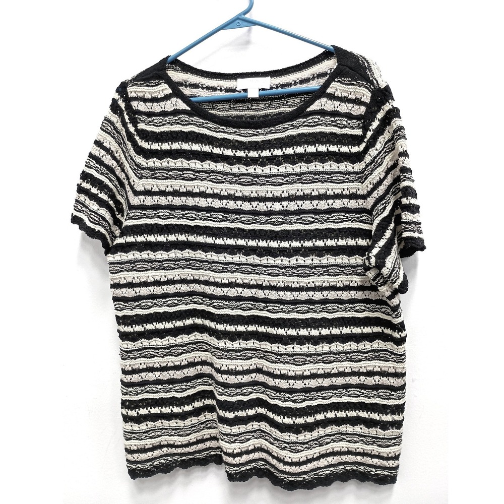 Belle Boho Kim Gravel Short Sleeve Crochet‎ Top Women L Black Cream Striped Knit